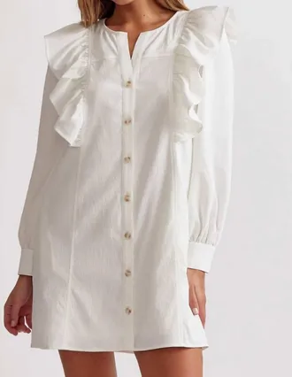 Entro Button Up Ruffle Detail Dress In White