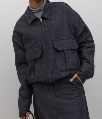Collective Herringbone Collared Quilted Bomber Jacket In Charcoal