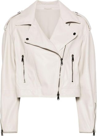 Brunello Cucinelli notched-lapels leather jacket - women - Acetate/Leather/Silk - 40 - Neutrals