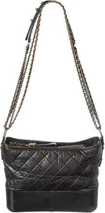 Chanel Black Smooth Calfskin Leather Aged Smooth Quilted Medium Gabrielle Logo Hobo (Authentic Pre-Loved)