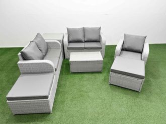 Fimous High Back Poly Rattan Garden Furniture Set w/ Reclining Chair Loveseat Sofa Rectangular Coffee Table Indoor Outdoor Patio Set 2 Big Stool Side