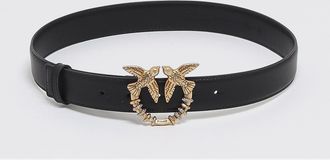 Pinko Leather Belt with Gold-Tone Metal Love Birds Plaque Buckle