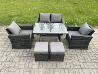Fimous 6 Seater Outdoor Garden Furniture High Back Rattan Sofa Dining Table Set with 2 Small Footstools Dark Grey Mixed