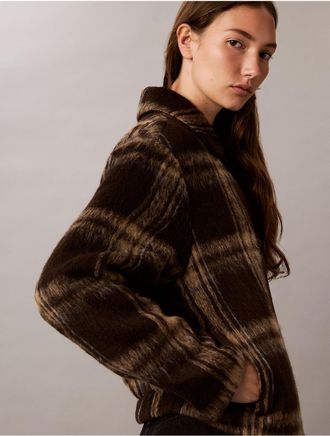 Calvin Klein Womens Plaid Wool Blend Shirt Jacket - Brown - XS