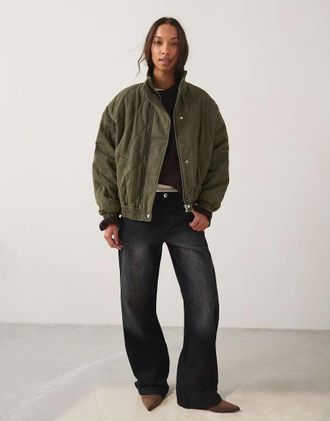 Bershka Giacca in maglia a trecce ricamata kaki-Verde