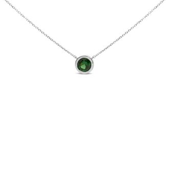 House of Brilliance 925 Sterling Silver 7MM Bezel Set Created Green Emerald Pendant Necklace - 18 Inches