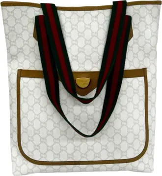 Gucci Brown Green Red Color White Leather Pvc Tote Bag (Pre-Owned)