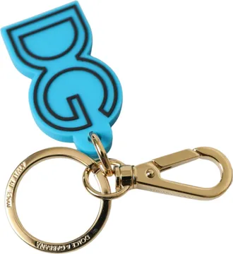 Dolce & Gabbana Womens Blue Rubber Gold Tone Metal Dg Logo Keyring Keychain Black And Zamak Pvc Steel Brass Accessory