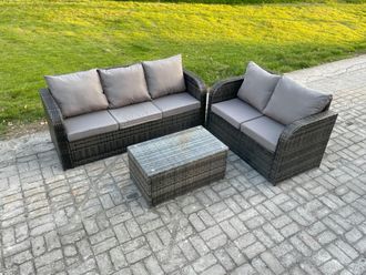 Fimous 5 Seater Rattan Wicker Garden Furniture Patio Conservatory Sofa Set with Rectangular Coffee Table 3 Seater Sofa Love Sofa in Dark Grey