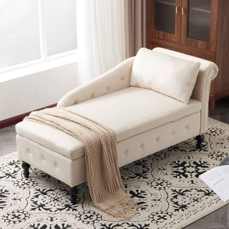 Merax Velvet Right Arm Chaise Lounge Sofa with Storage, Pillow in Beige