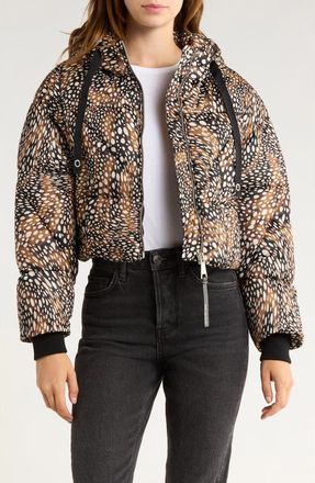 Avec Les Filles Cropped Hooded Puffer Coat in Brown Spotted Animal at Nordstrom Rack, Size X-Small