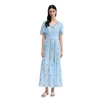 La Petite Francaise Rachele Geborduurde Jurk met V-hals - Dames - Casual kleedjes - Blauw - L - Katoen - Kleedjes