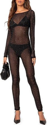 Edikted Kristine Rhinestone Sheer Long Sleeve Mesh Jumpsuit in Black at Nordstrom, Size X-Small