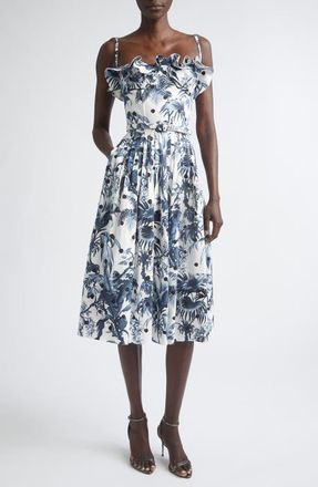 Oscar De La Renta Dotted Palm Leaves Poplin Sundress in Navy/white at Nordstrom, Size 12