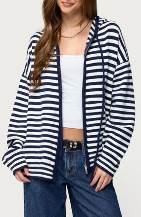 Edikted Safari Stripe Knit Zip Front Hoodie in Navy-And-White at Nordstrom, Size X-Small
