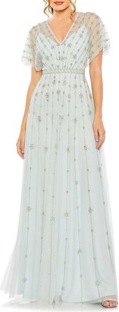 Mac Duggal Womens V Neck Embellished Flutter Sleeve A Line Gown in Mist at Nordstrom, Size 4