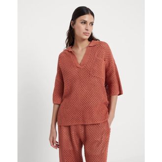 Brunello Cucinelli Rust Openwork Cotton Sweater, Size X-Large