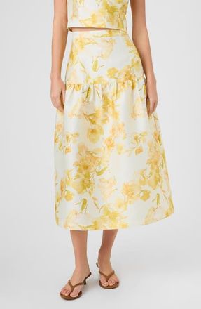 French Connection Sophie Floral Structured Taffeta Midi Skirt in Daisy Yellow Sophie Flower at Nordstrom, Size 10