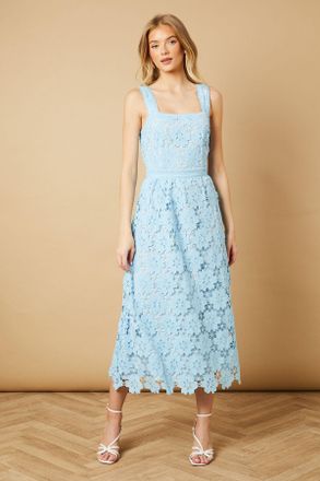 Oasis Womens Floral Lace Detail Square Neck Midi Dress - Sky Blue - Size 12 UK