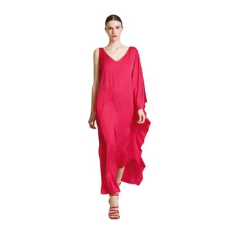 Access Fashion Satijnen Shift Jurk met Asymmetrische Mouwen - Dames - Maxi kleedjes - Roze - XL - Satijn - Kleedjes