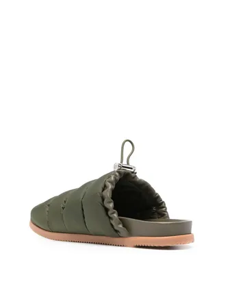 Moncler Womens Mon Pocket Logo Patch Padded Down Mules Green Shoes > Flats