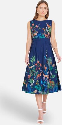 Yumi Animal Print Cotton Midi Skater Dress in Navy at Nordstrom, Size 14