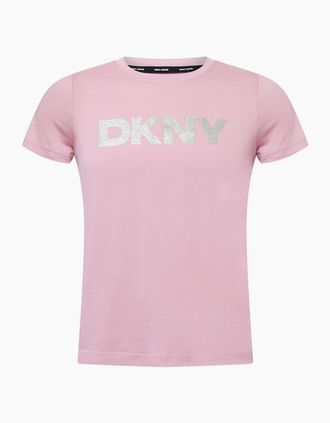 DKNY Womens Glitter Logo Crew T-Shirt - Pink - Size: 10/8