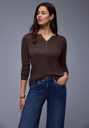 Street One Langarmshirt STREET ONE, Damen, Gr. 34, molten earth, Jersey, Obermaterial: 50% Baumwolle, 50% Modal, unifarben, tailliert h&uuml;ftbedeckend, V-Ausschnitt