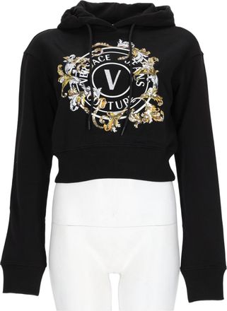 Versace Jeans Couture Cropped Black Baroque Emblem Drawstring Cotton Hoodie