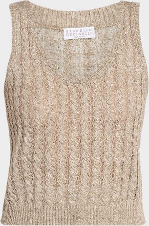 Brunello Cucinelli Linen Pailette Charming Cable-Knit Cardigan