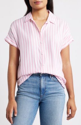 Beach Lunch Lounge Kenzie Stripe Short Sleeve Button-Up Shirt in Pearl Pink at Nordstrom, Size X-Small