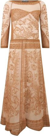 Alberta Ferretti Maxi Jurk met Driekwart Mouwen - Dames - Maxi kleedjes - Beige - XS - Polyester - Kleedjes