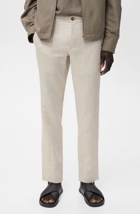 Mango Slim Fit Flat Front Linen Pants in Ecru at Nordstrom, Size 36