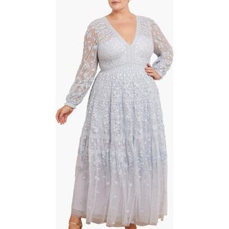 Needle & Thread Celestia Ribbon Long Sleeve V-Neck Gown in Blue at Nordstrom, Size 18