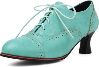 Generic Womens Vintage Oxford Mid Heel Round Toe Lace-Up Pumps with Brogue Perforated Design PU Leather Shoes for Office, Casual, Evening and Daily Wear,Blue,