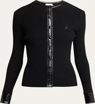 Courr&egrave;ges Contrast Vinyl & Knit Crewneck Cardigan