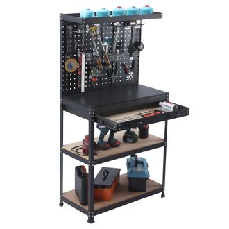 Relaxdays Relaxdays Banco De Trabajo 156&times;81&times;41 Cm, 3 Niveles, Con Caj&oacute;n, Tablero Perforado Y Accesorios, Acero/mdf, Negro