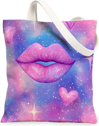 Generic Romantic Hearts Canvas Tote Bags, Artistic Lips Pattern Reusable Grocery Bags, Lightweight Washable Shoulder Strap Canvas for Shopping Travel Beach 13
