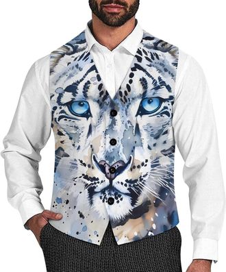 Generic Blue Eye Snow Leopards in The Snow Waistcoats for Men V-Neck Suit Vests Slim Fit Business Dress Vest for Wedding Party 2XL