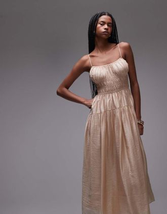 & Other Stories Vestito milkmaid midi beige con punto smock e spalline sottili-Bianco