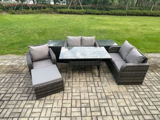 Fimous Lounge Rattan Sofa Set Outdoor Garden Furniture Oblong Rectangular Dining Table With Chairs 2 Side Tables Big Footstool in Dark Grey