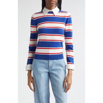 Alice & Olivia Porla Collared Stripe Cotton Blend Sweater in Americana Stripe at Nordstrom, Size X-Small