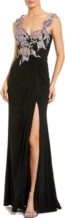 Mac Duggal Sweetheart Jersey Gown With Beaded Flowers in Black Multi at Nordstrom, Size 12