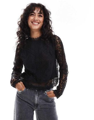 Only high neck lace top in black