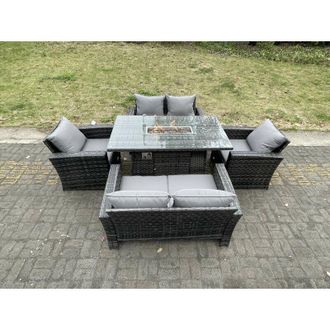 Fimous Rattan Outdoor Furniture Gas Fire Pit Rectangle Dining Table Gas Heater Chairs Two Seater Love Sofa Sets 6 Seater - Fimous