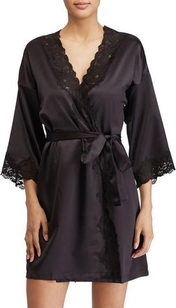 Lauren Ralph Lauren Lace Trim Satin Robe in Black at Nordstrom, Size X-Small