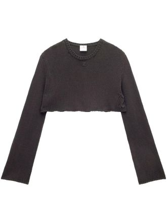 Courr&egrave;ges logo-embroidered cropped jumper - women - Cotton/Organic Linen - M - Black