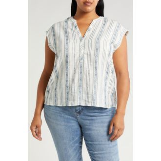 Liverpool L.A. Stripe Cap Sleeve Linen Blend Button-Up Top in Novelty Cream Stripe at Nordstrom Rack, Size 1X