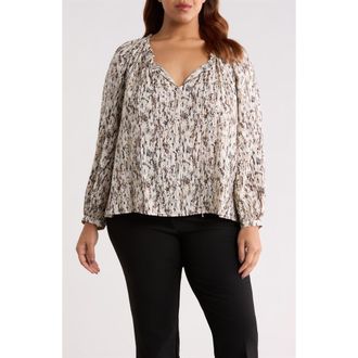 Nordstrom Gathered Tie Neck Top in Ivory- Brown Textural at Nordstrom, Size 1X