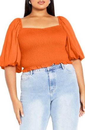 City Chic Poppie Smocked Puff Sleeve Top in Tangerine Tango at Nordstrom Rack, Size S/16W
